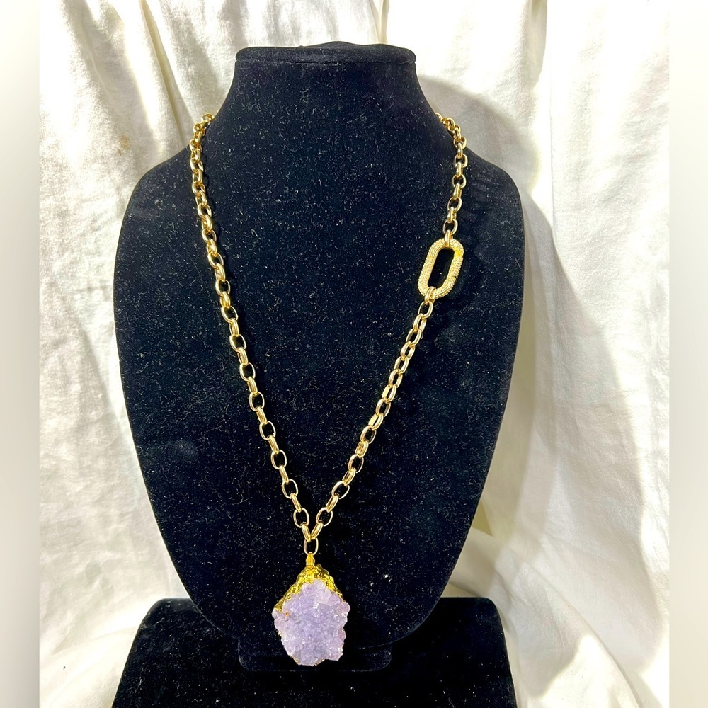 Amethyst Crystal Cluster Pendant On A 26” Inch Gold Chain W/ Rhinestone☑️